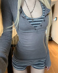 Rase le sol Layered Henley Knit Top, Racerback Tank & Striped Micro Shorts Set