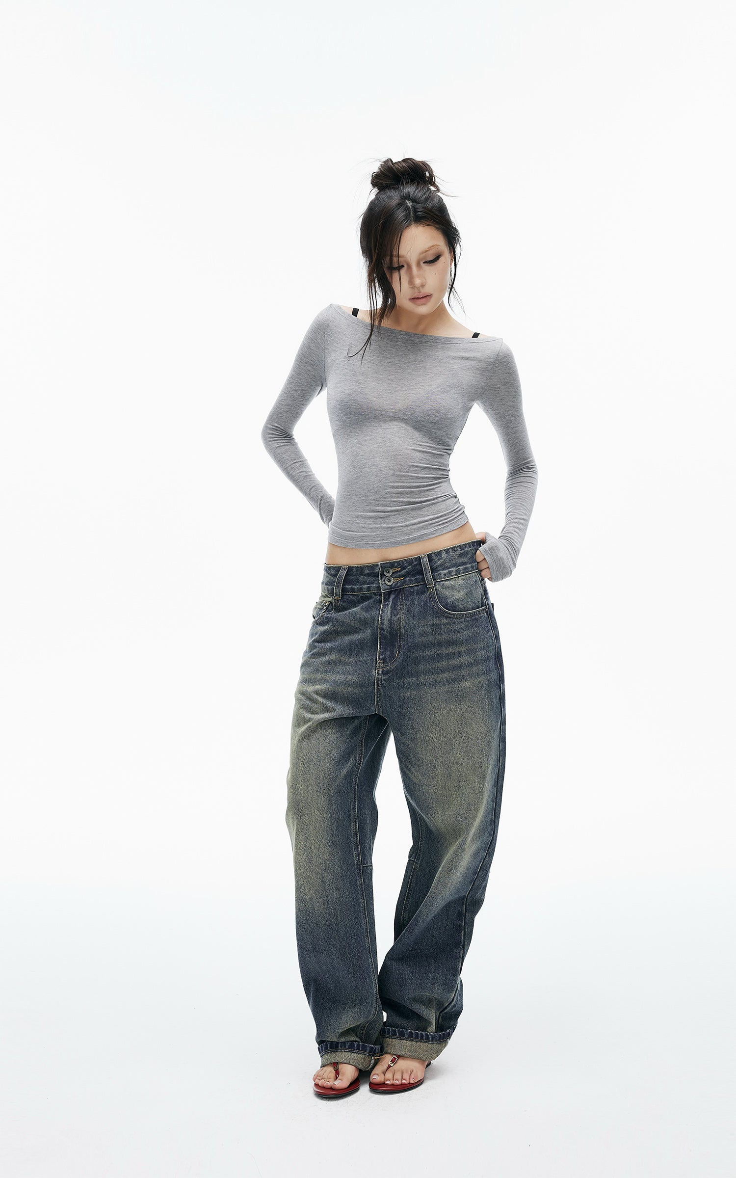 IAMXIAA Vintage Wash Grommet Baggy Jeans