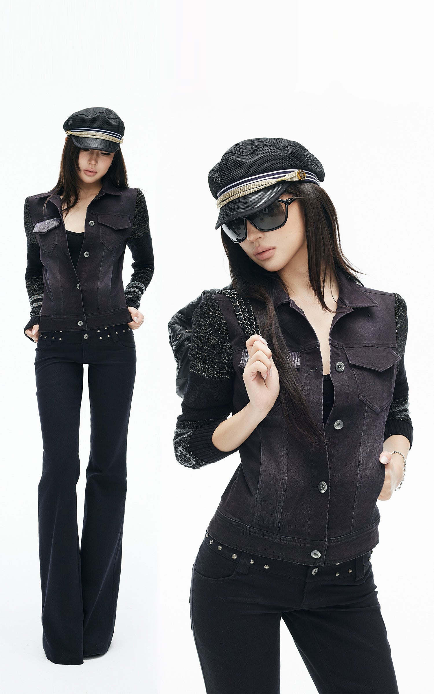 IAMXIAA Sequin-Pocket Knit Sleeve Denim Jacket