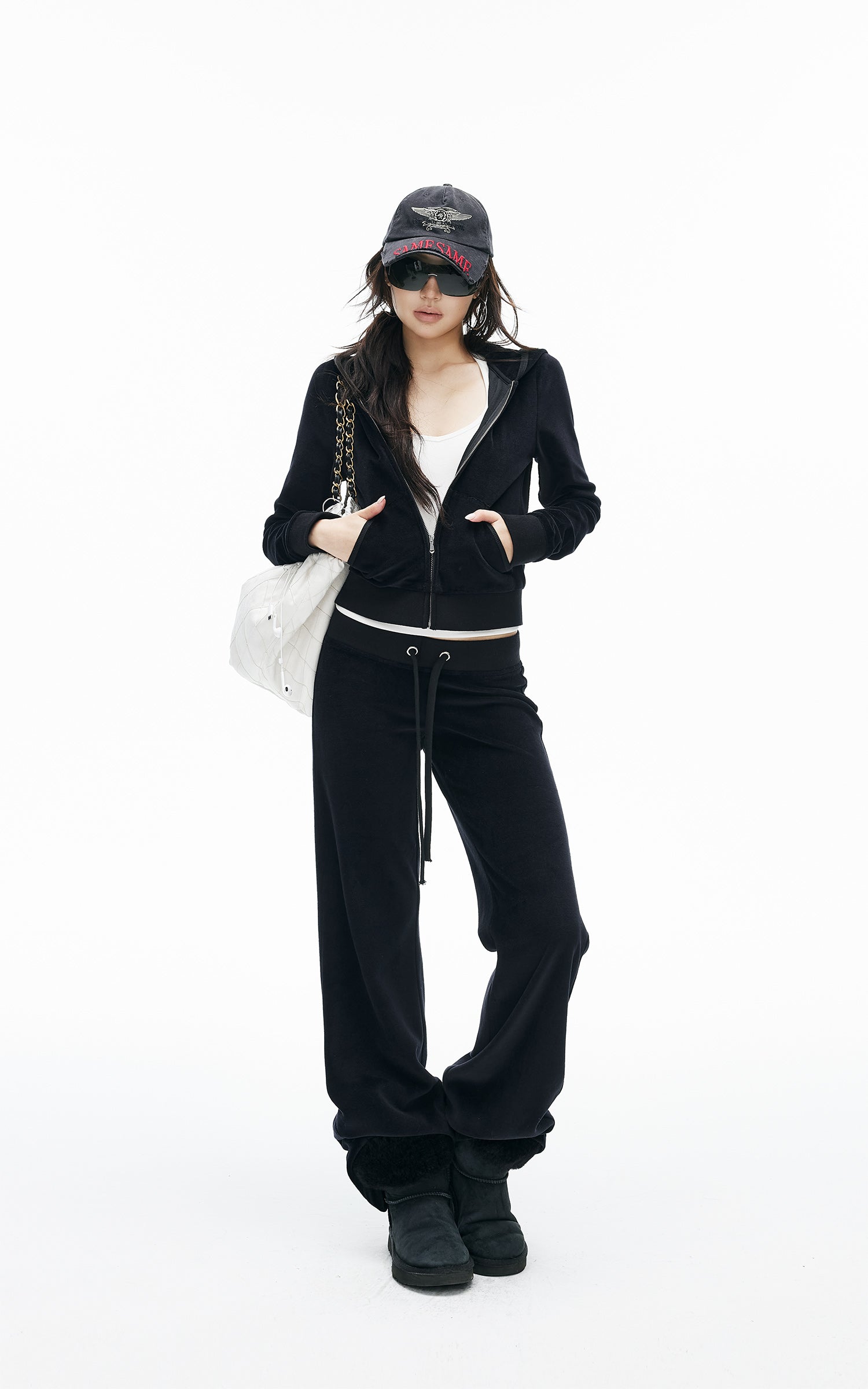 IAMXIAA Velour Zip-Up Hoodie &amp; Wide-Leg Pants Set