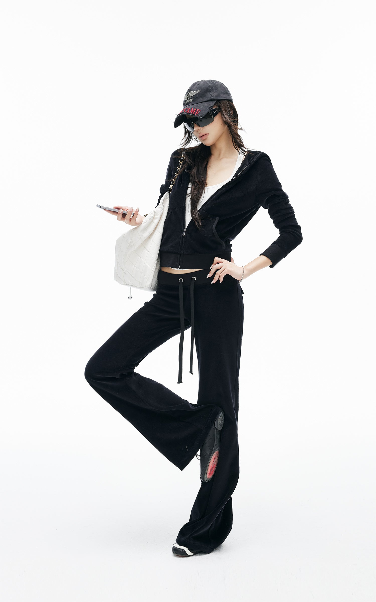 IAMXIAA Velour Zip-Up Hoodie &amp; Wide-Leg Pants Set