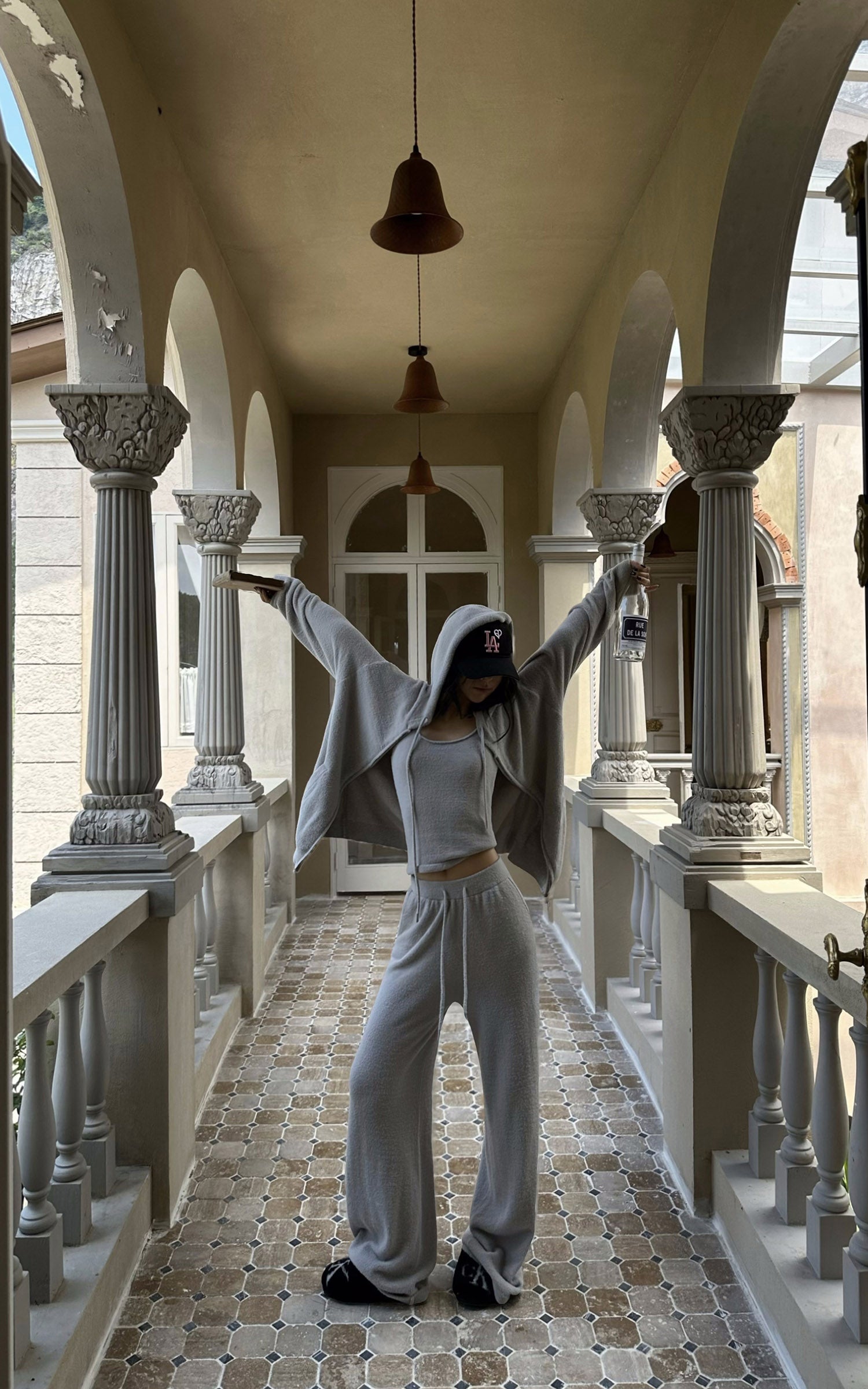WARDEN EDGE Brushed Knit Hoodie Camisole &amp; Wide-Leg Pants Set