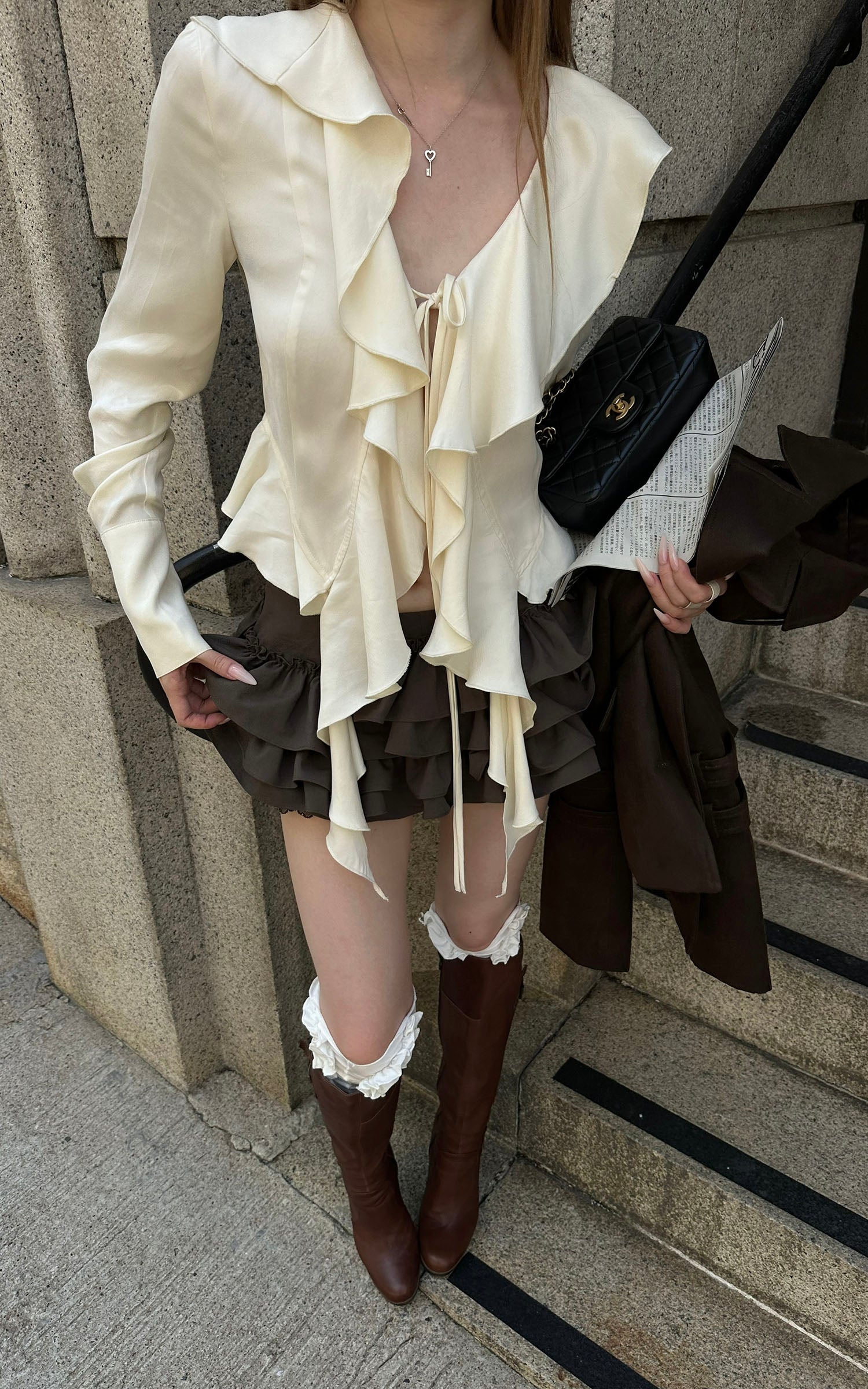 Rase le sol Ivory Ruffled Tie-Front Asymmetric Blouse