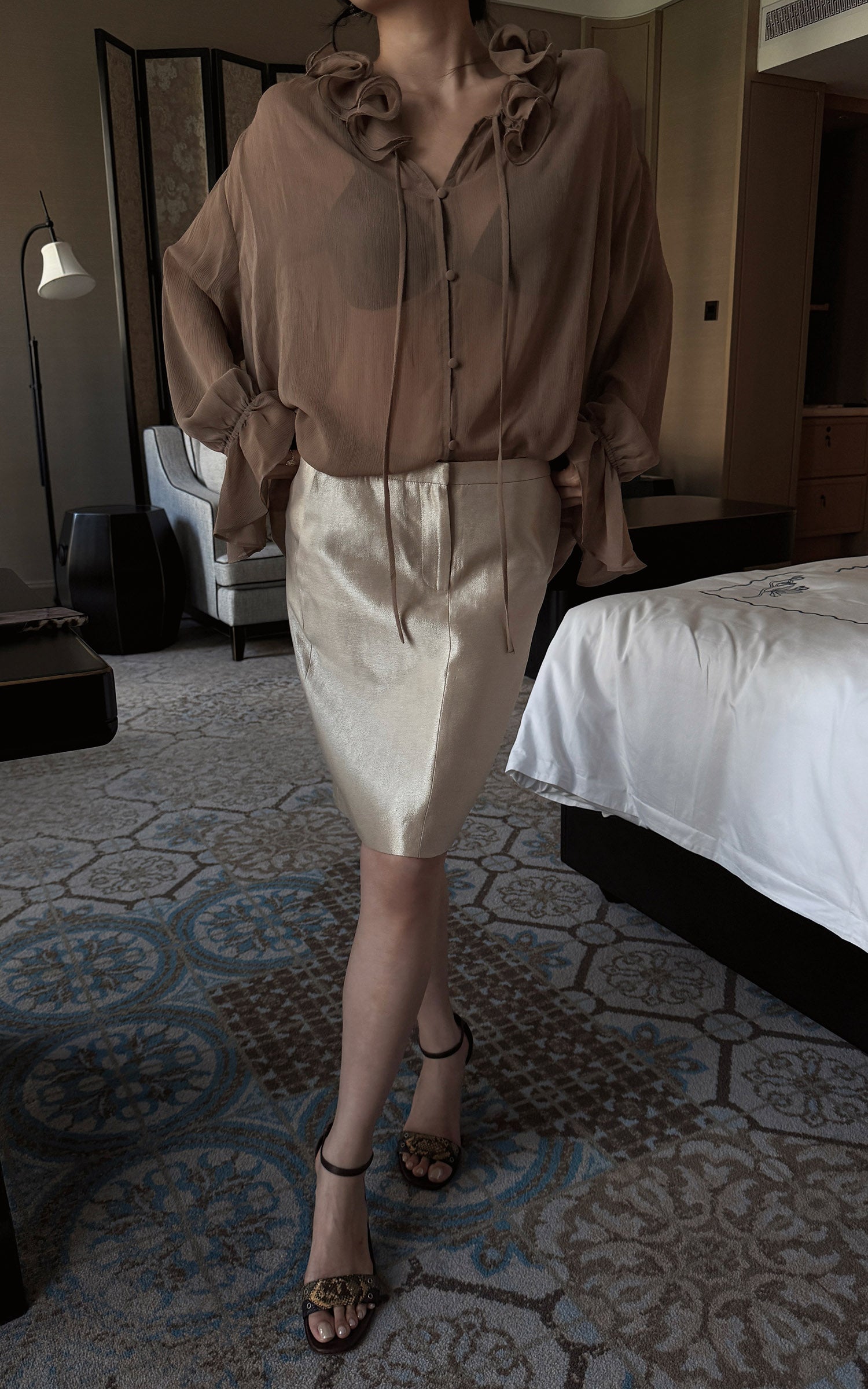 Hydrae Ruffle Collar Sheer Bell-Sleeve Blouse