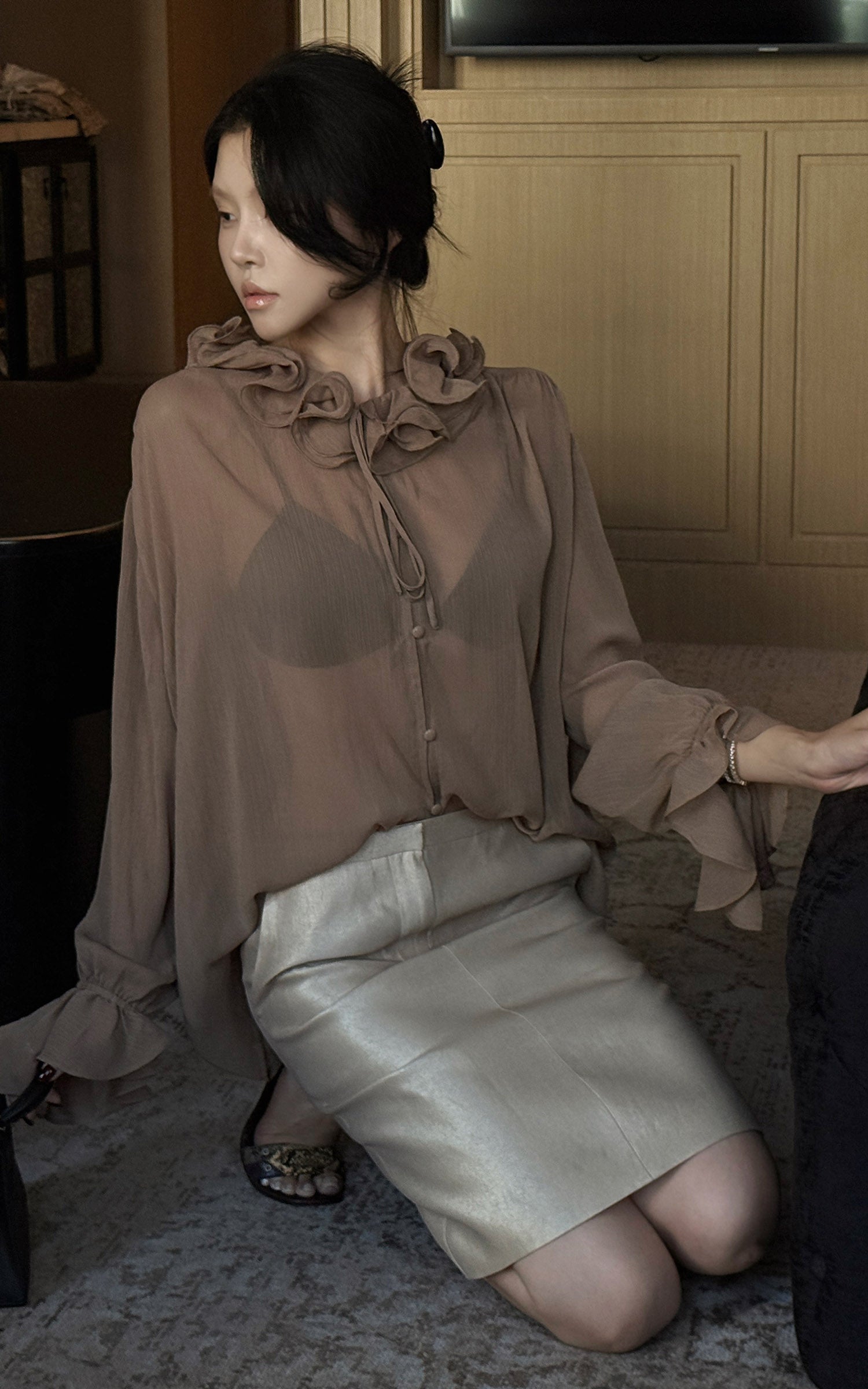 Hydrae Ruffle Collar Sheer Bell-Sleeve Blouse