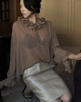 Hydrae Ruffle Collar Sheer Bell-Sleeve Blouse