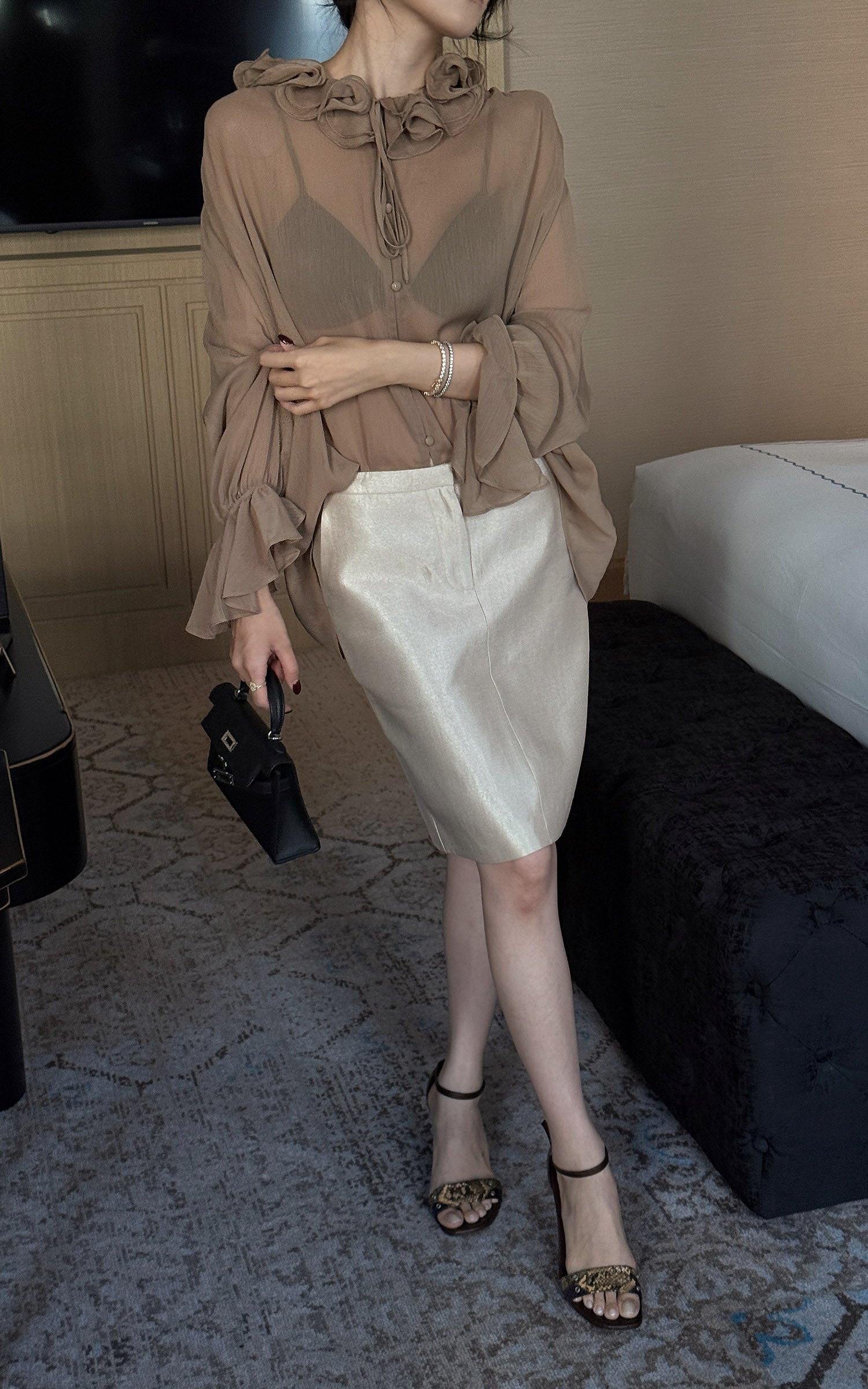Hydrae Ruffle Collar Sheer Bell-Sleeve Blouse