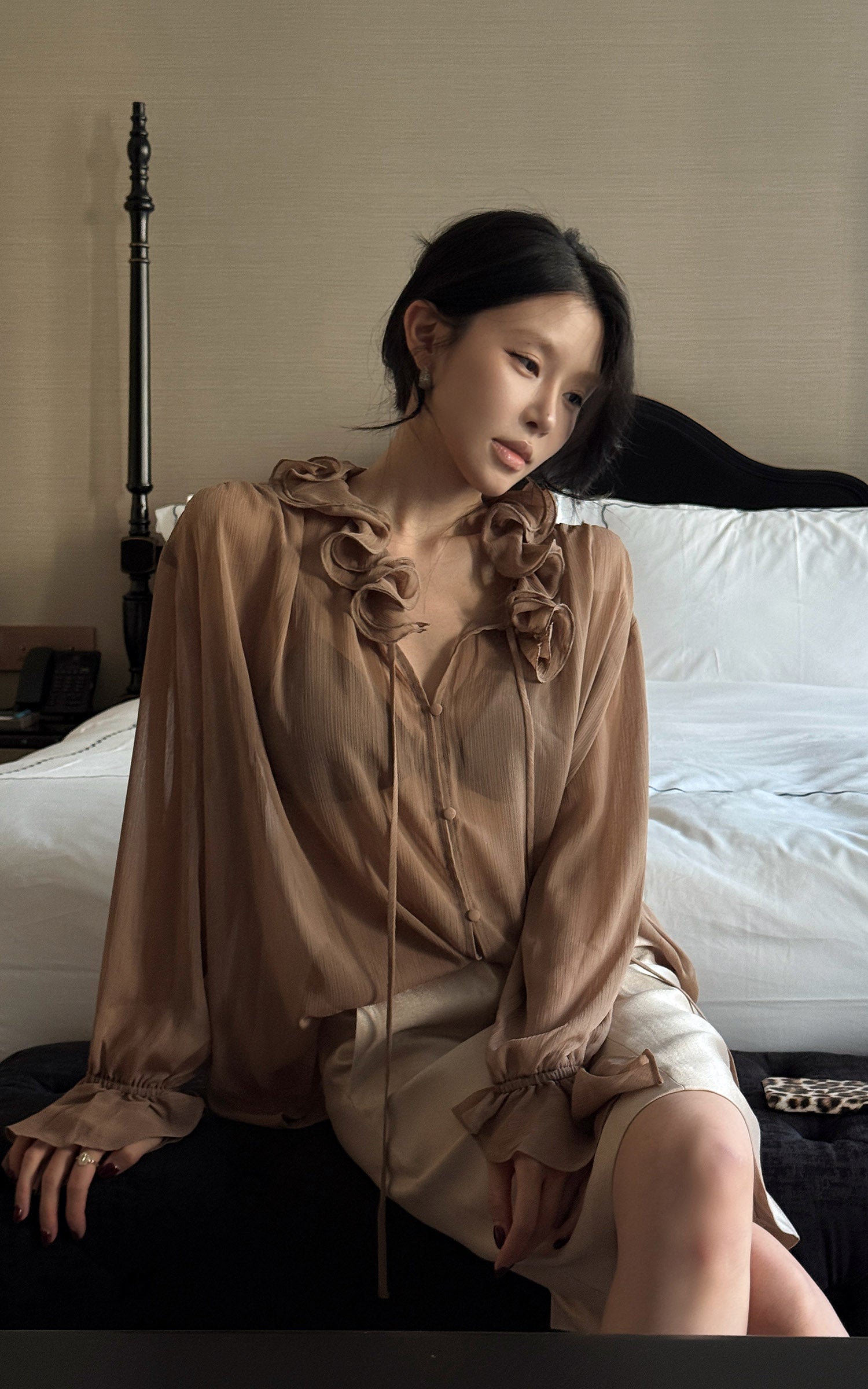 Hydrae Ruffle Collar Sheer Bell-Sleeve Blouse