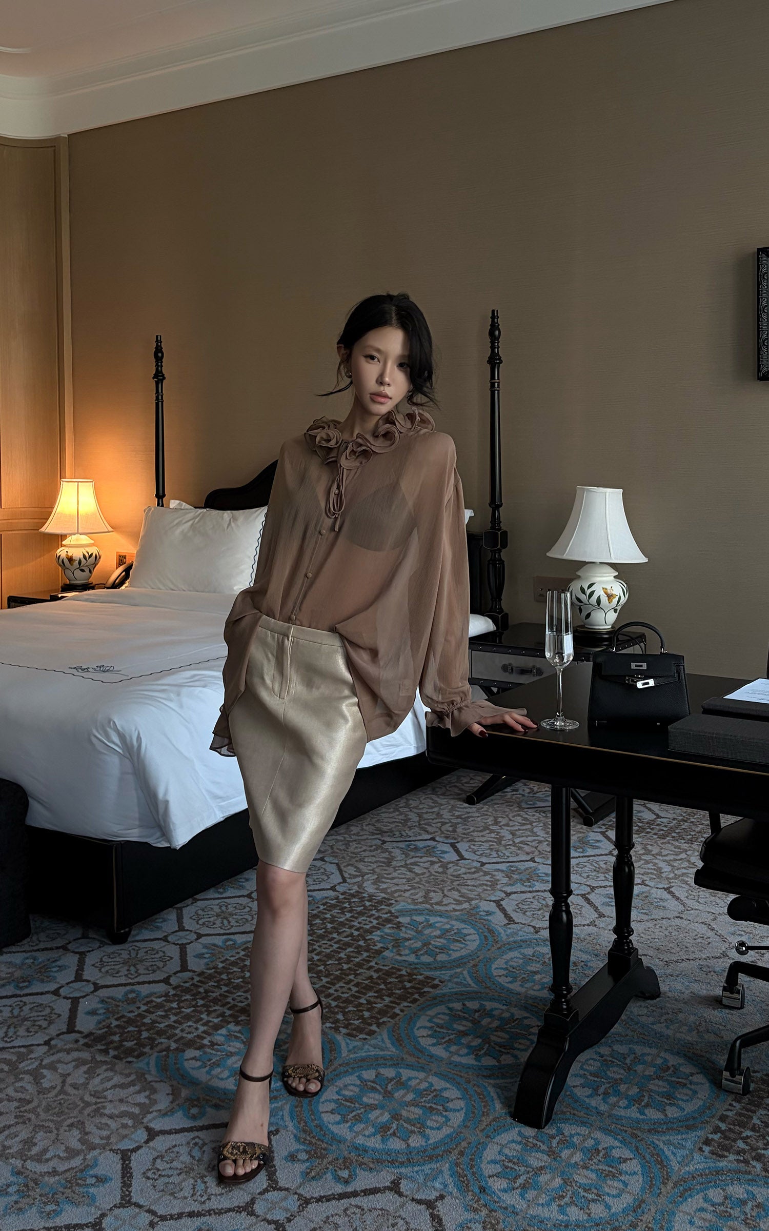 Hydrae Ruffle Collar Sheer Bell-Sleeve Blouse