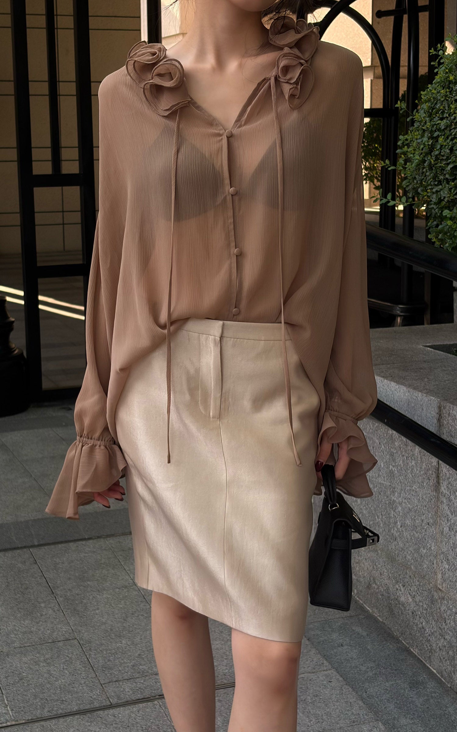 Hydrae Ruffle Collar Sheer Bell-Sleeve Blouse