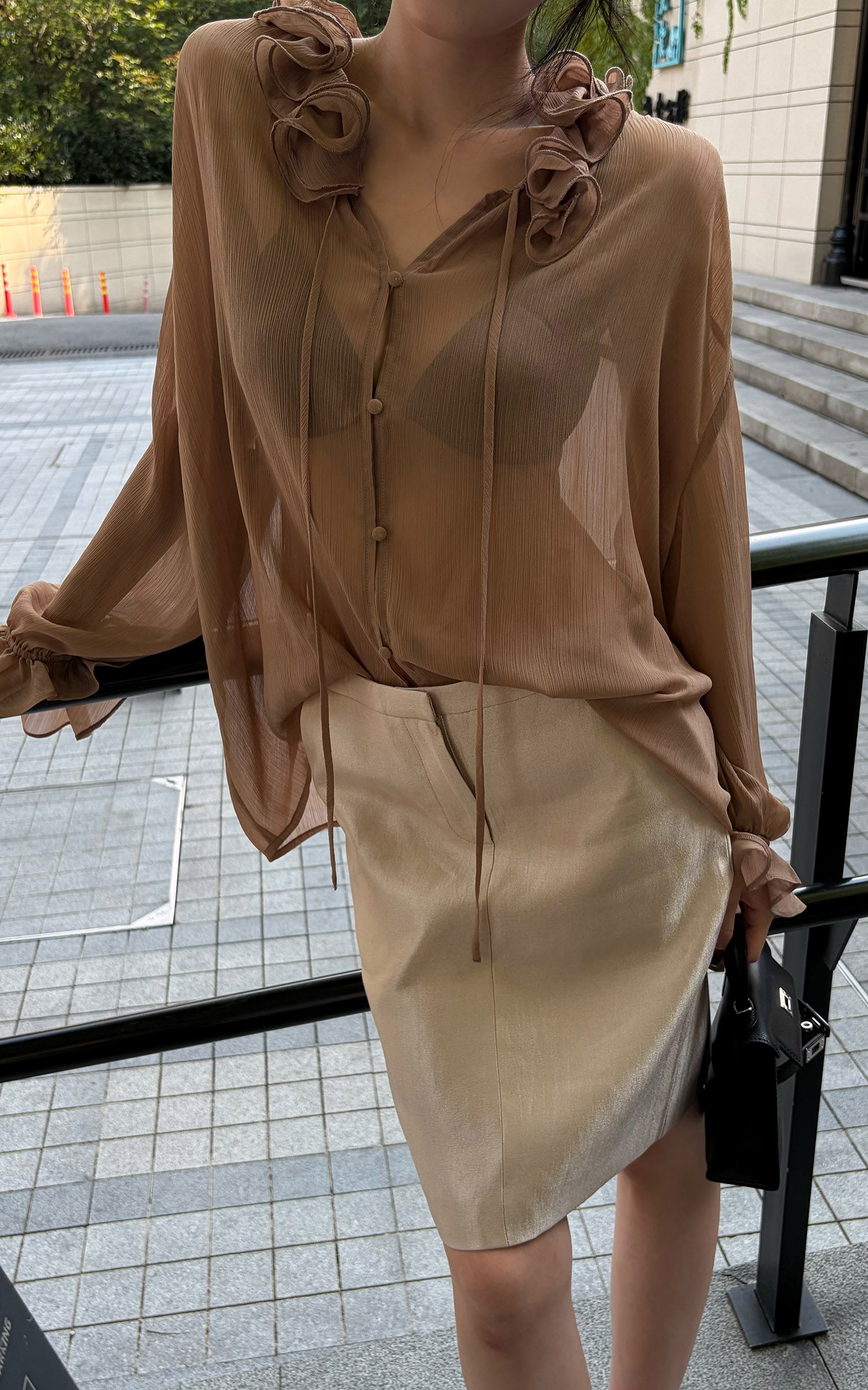 Hydrae Ruffle Collar Sheer Bell-Sleeve Blouse