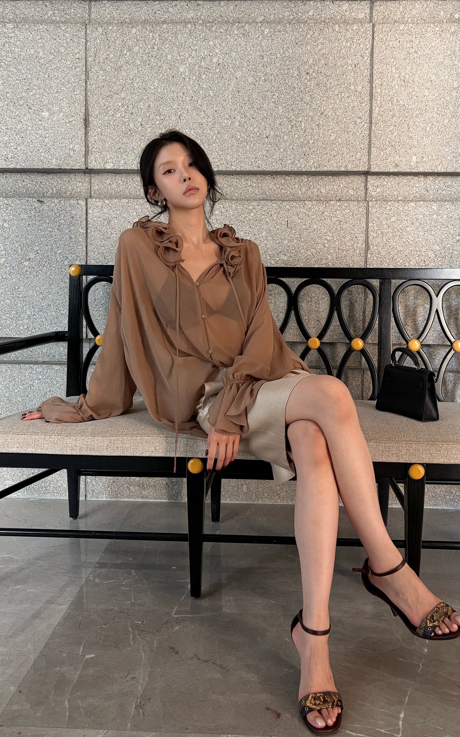 Hydrae Ruffle Collar Sheer Bell-Sleeve Blouse
