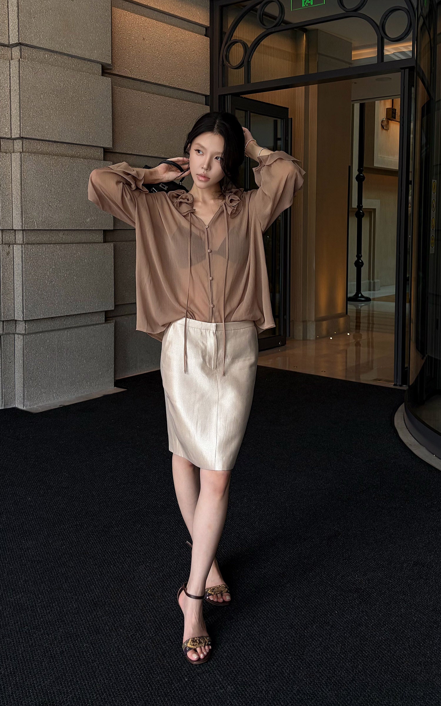Hydrae Ruffle Collar Sheer Bell-Sleeve Blouse