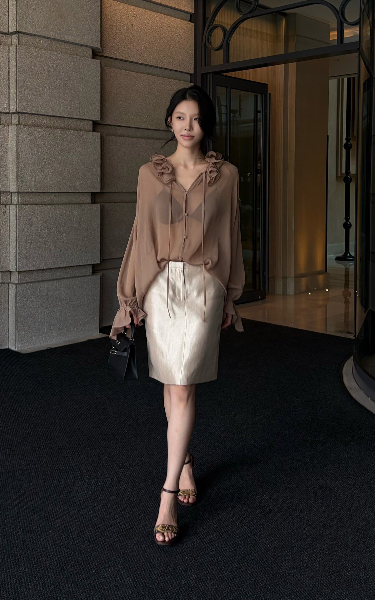 Hydrae Champagne Satin Pencil Midi Skirt