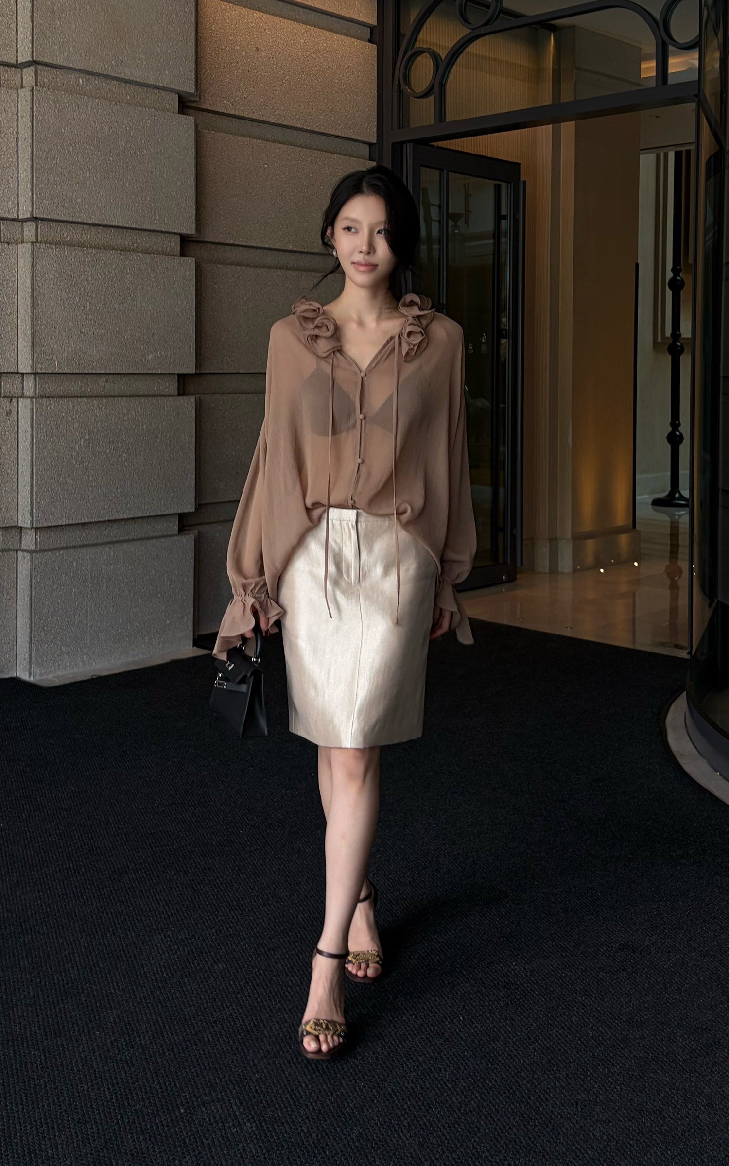 Hydrae Ruffle Collar Sheer Bell-Sleeve Blouse
