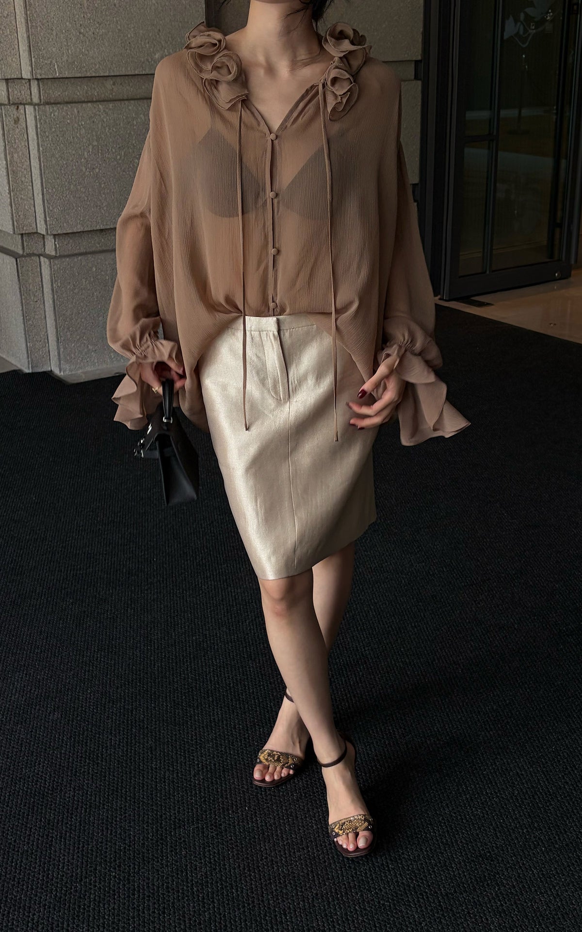 Hydrae Champagne Satin Pencil Midi Skirt
