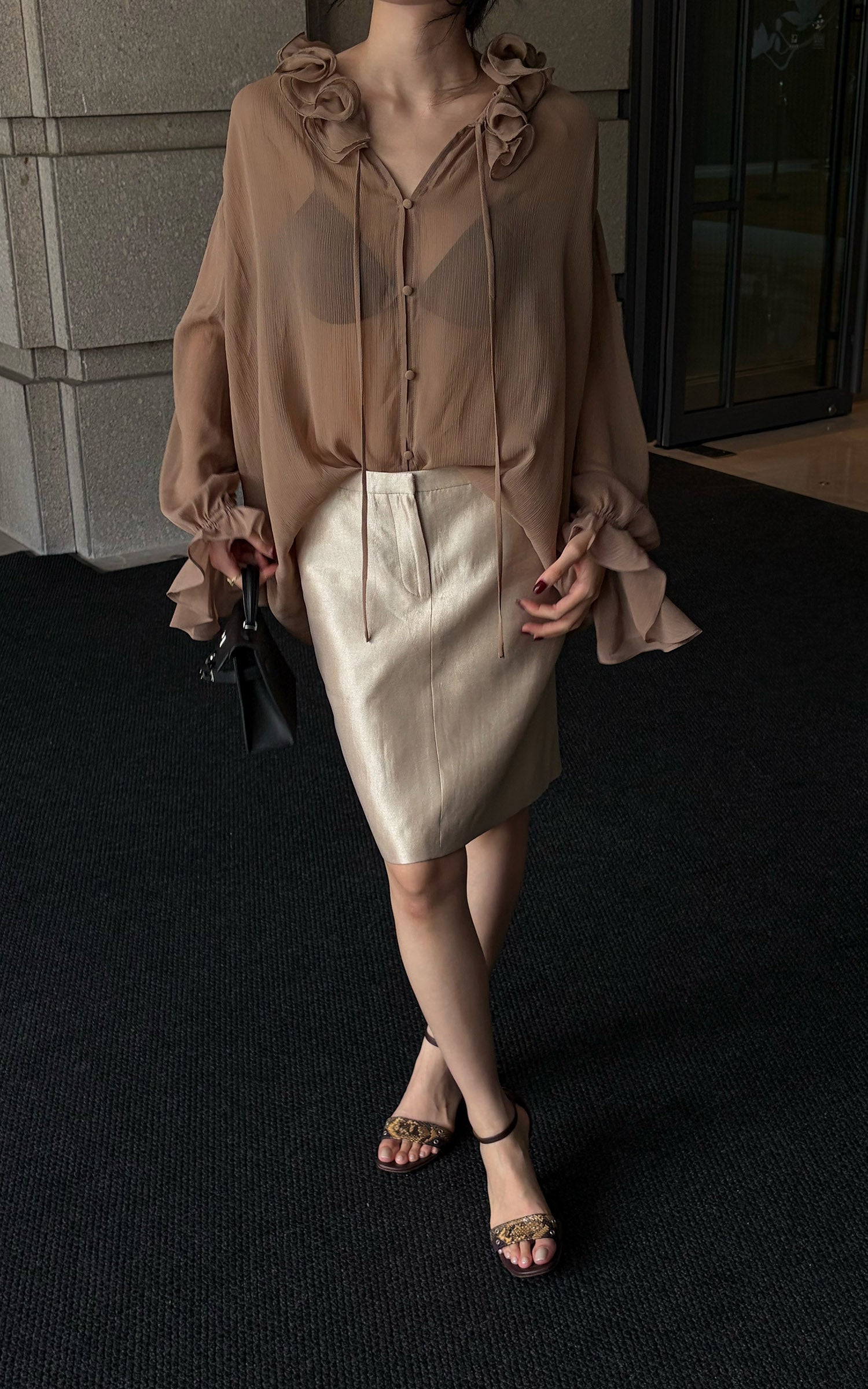 Hydrae Ruffle Collar Sheer Bell-Sleeve Blouse