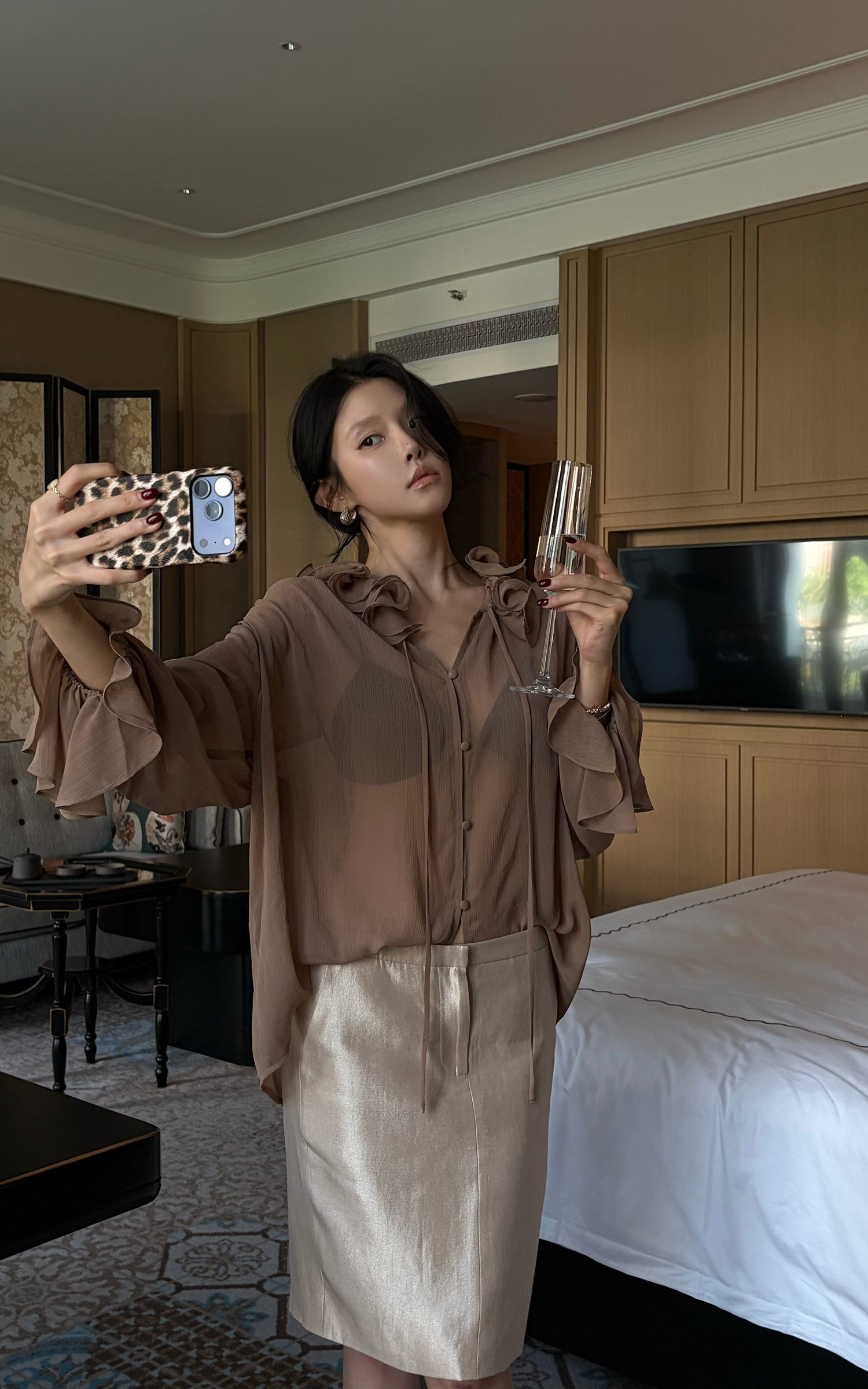 Hydrae Ruffle Collar Sheer Bell-Sleeve Blouse