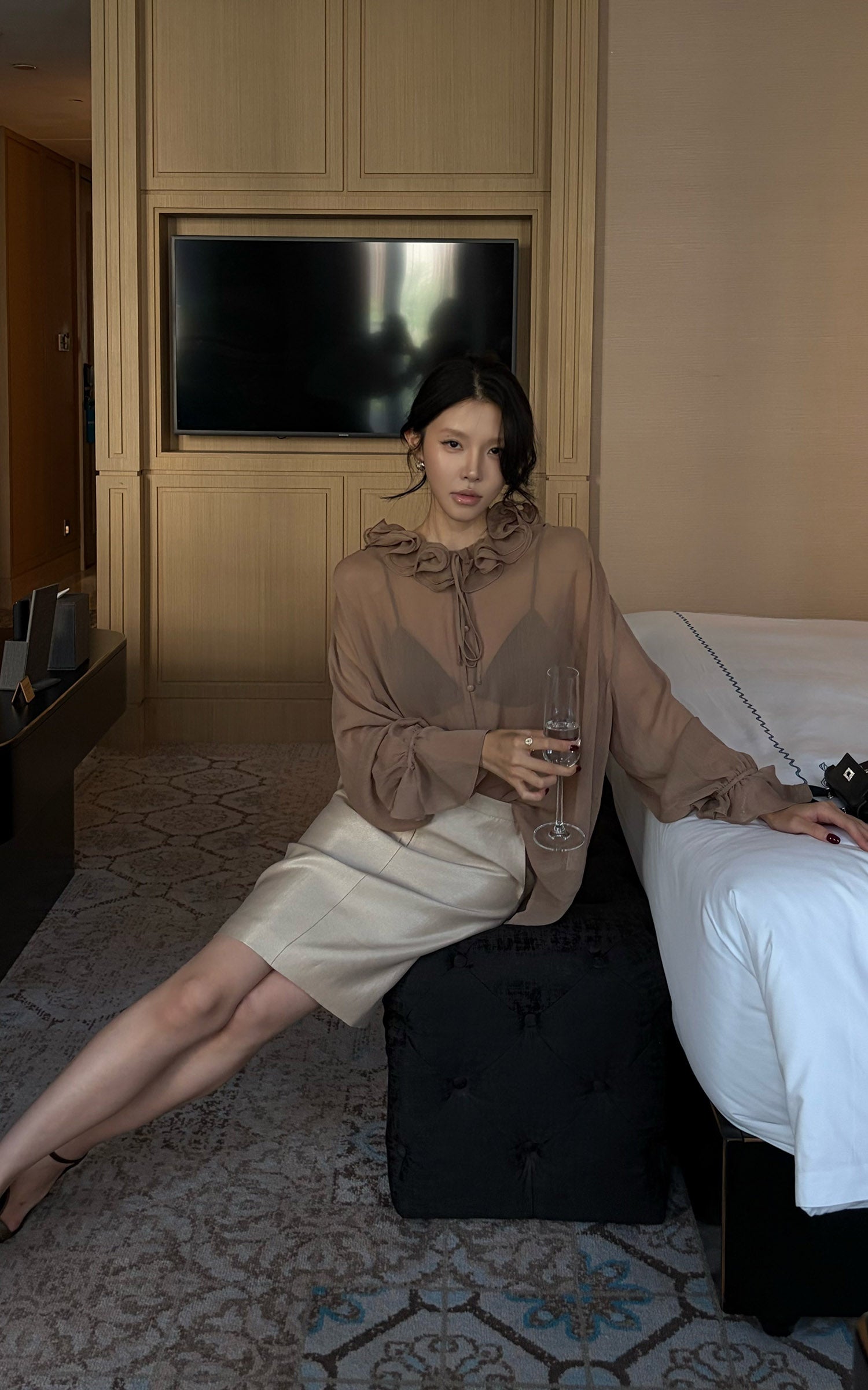 Hydrae Ruffle Collar Sheer Bell-Sleeve Blouse