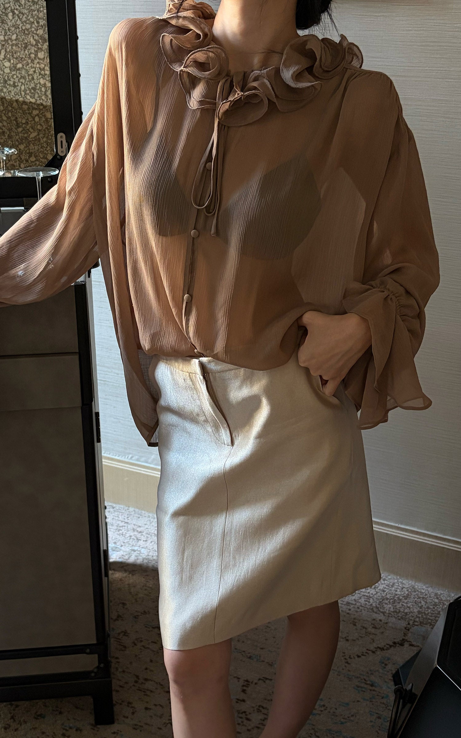 Hydrae Ruffle Collar Sheer Bell-Sleeve Blouse