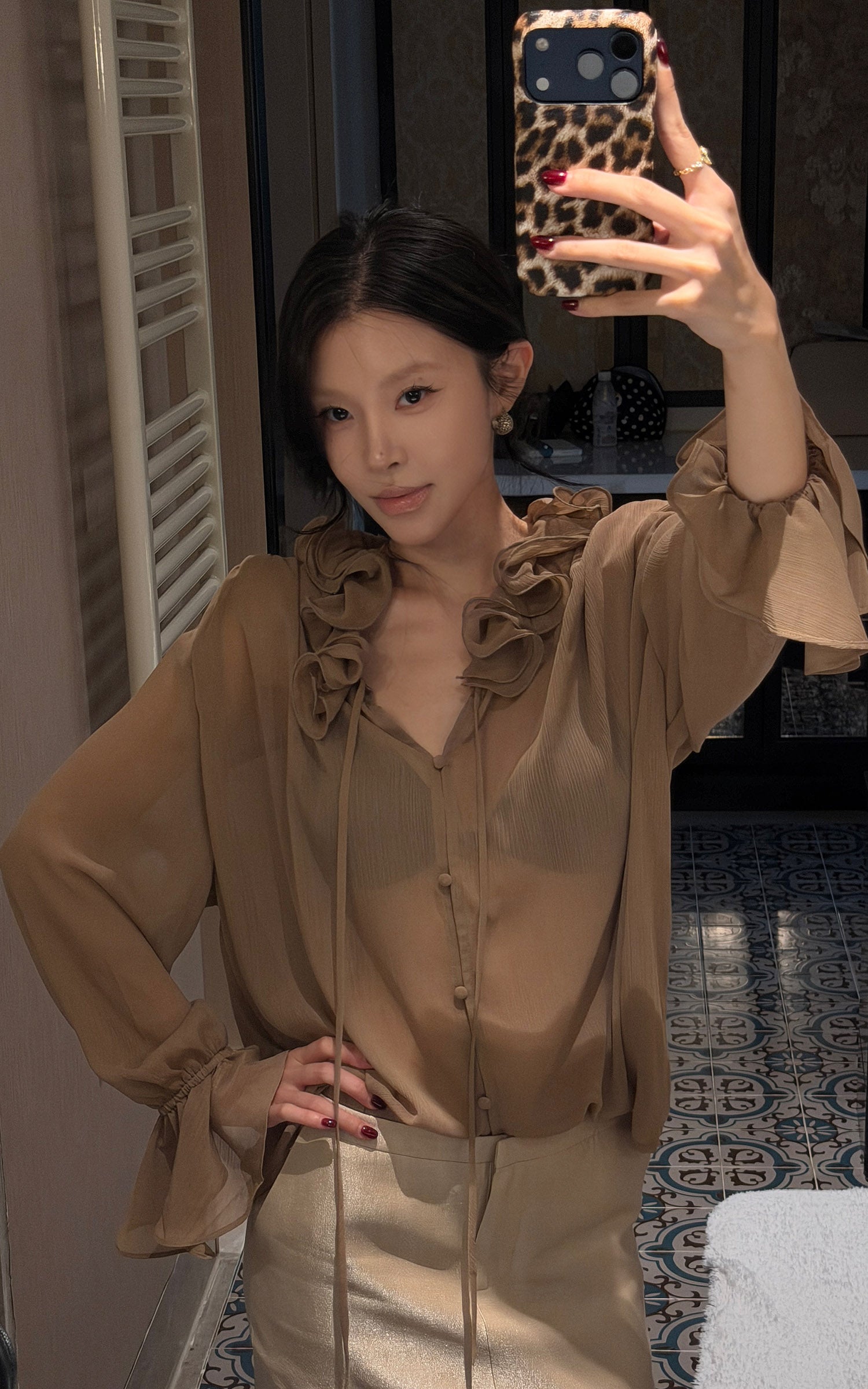 Hydrae Ruffle Collar Sheer Bell-Sleeve Blouse