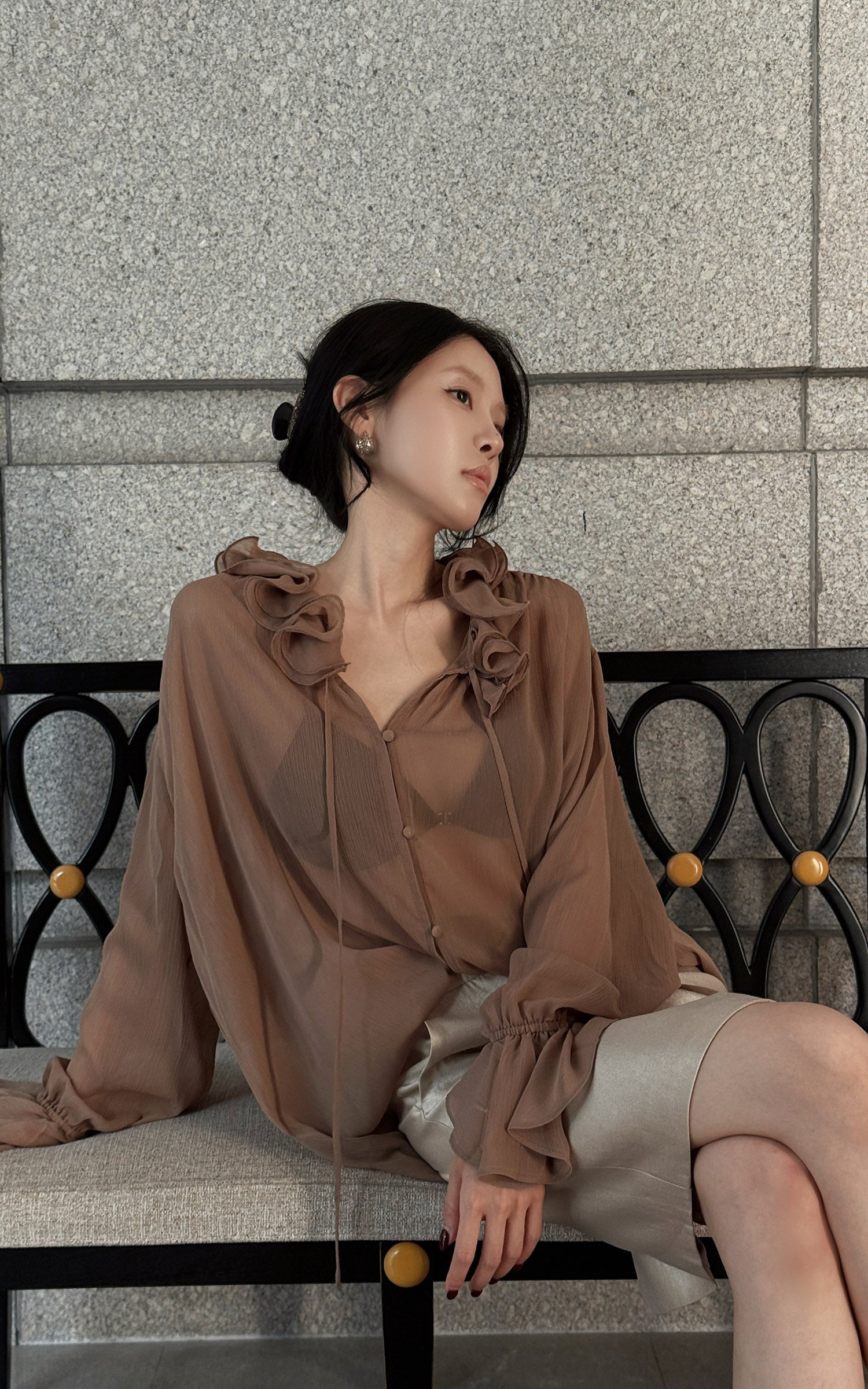 Hydrae Ruffle Collar Sheer Bell-Sleeve Blouse
