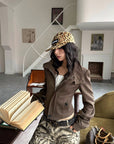 WARDEN EDGE Distressed Suede High-Neck Cropped Jacket