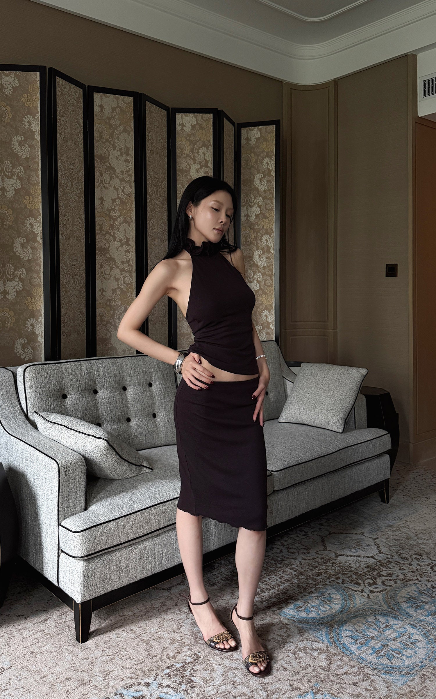 Hydrae Ruffle Halter Top &amp; Midi Skirt Set