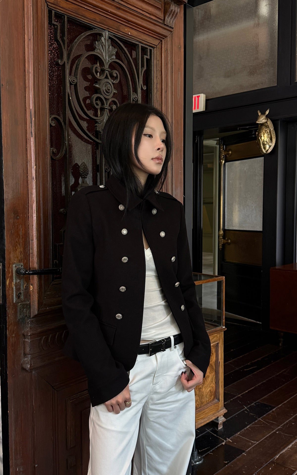 Hydrae Sculpted Waist Military Button Structured Blazer Jacket