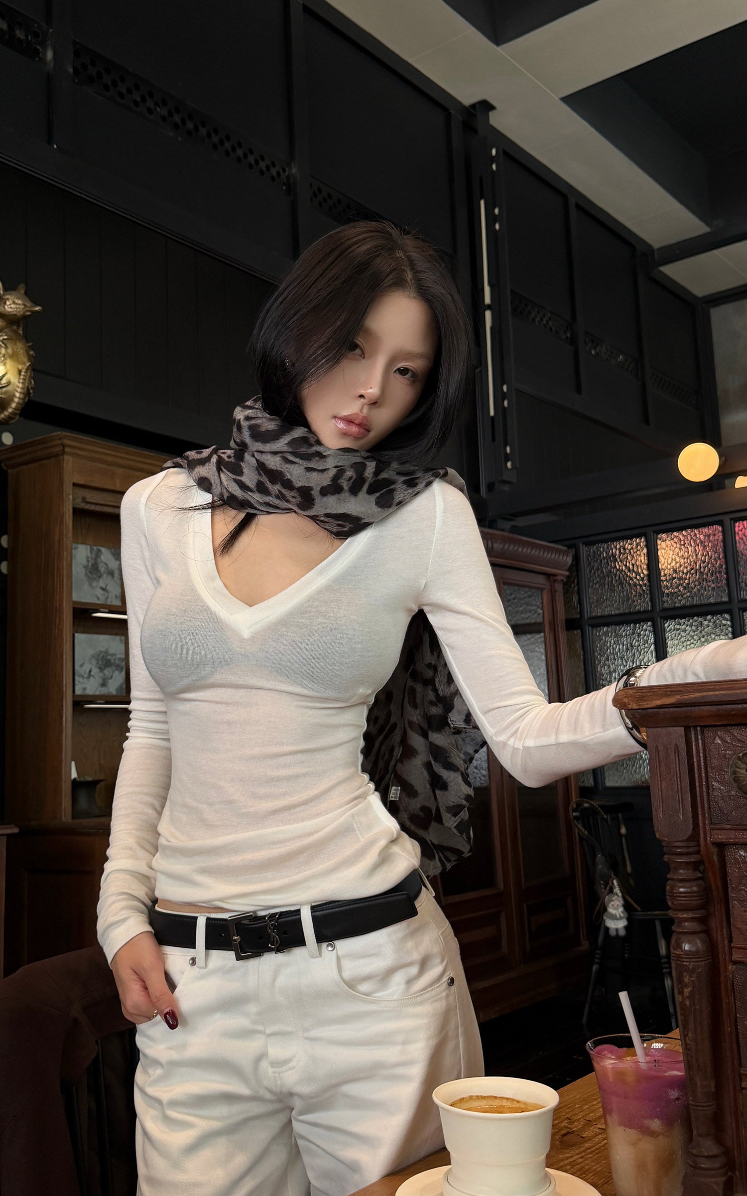 Hydrae Sheer V-Neck Second-Skin Long-Sleeve Top
