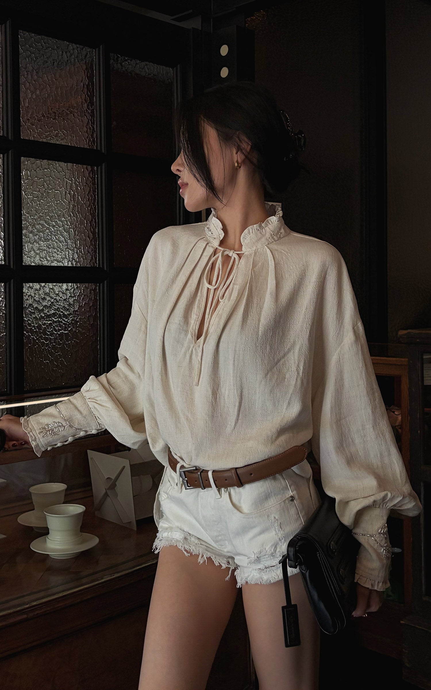 Hydrae Embellished Ruffle-Neck Tie-Front Blouson-Sleeve Top