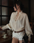 Hydrae Embellished Ruffle-Neck Tie-Front Blouson-Sleeve Top