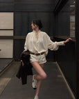 Hydrae Embellished Ruffle-Neck Tie-Front Blouson-Sleeve Top