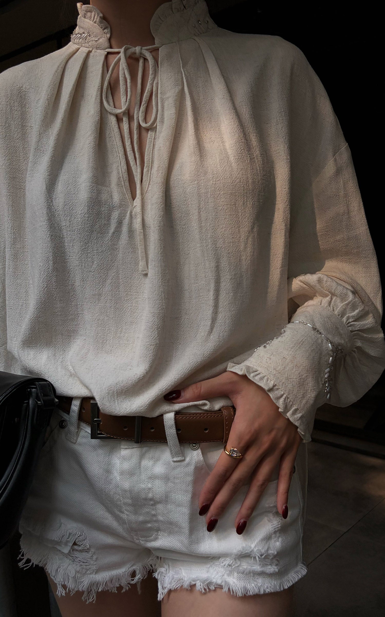 Hydrae Embellished Ruffle-Neck Tie-Front Blouson-Sleeve Top