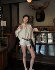 Hydrae Embellished Ruffle-Neck Tie-Front Blouson-Sleeve Top