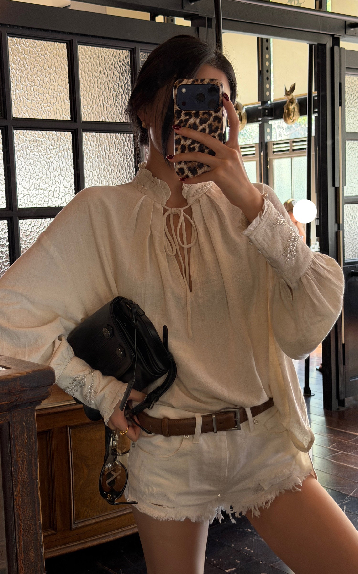 Hydrae Embellished Ruffle-Neck Tie-Front Blouson-Sleeve Top