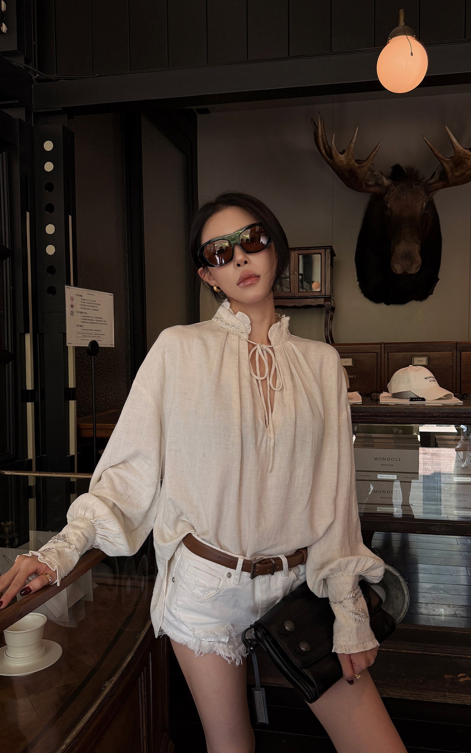 Hydrae Embellished Ruffle-Neck Tie-Front Blouson-Sleeve Top