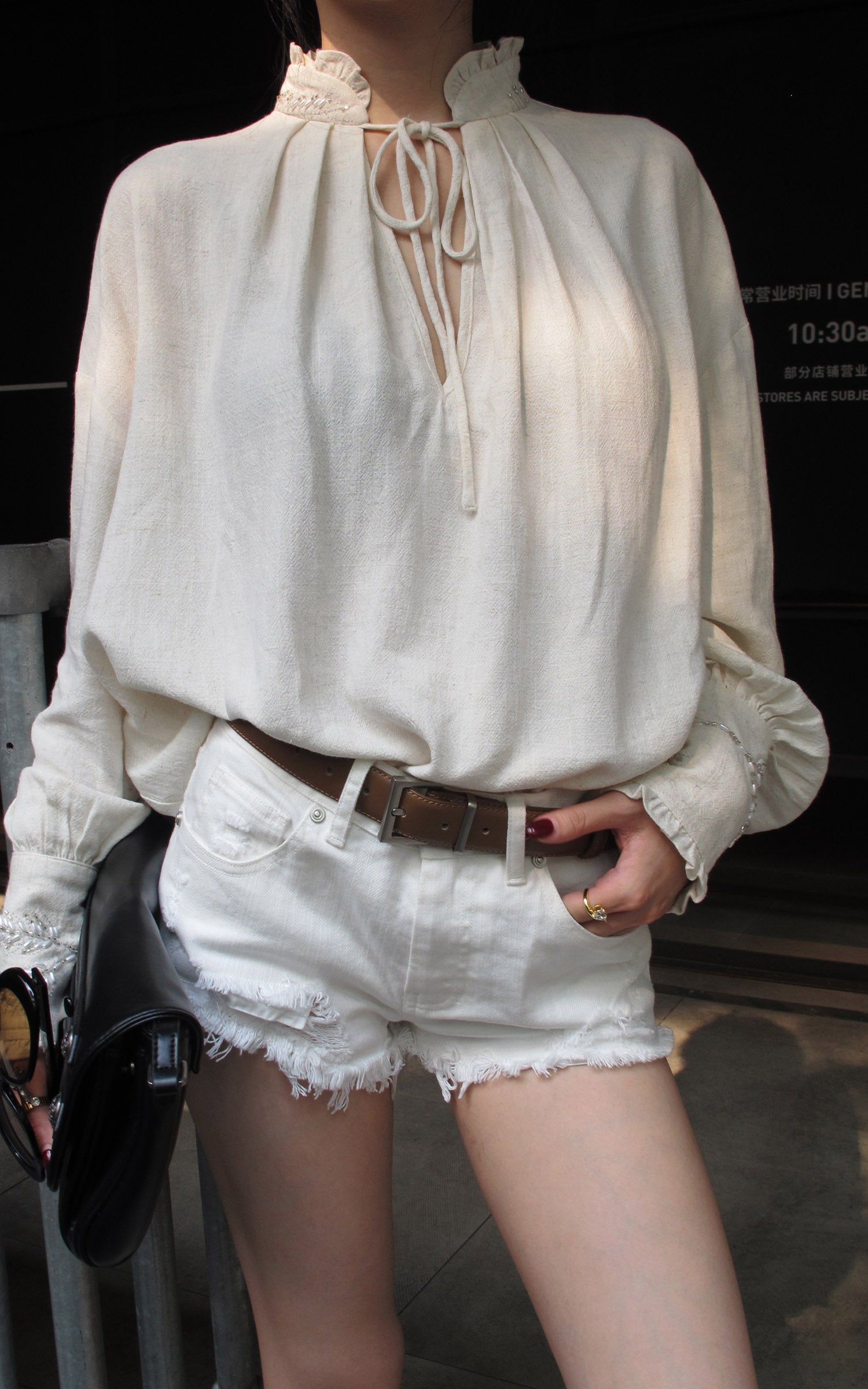 Hydrae Embellished Ruffle-Neck Tie-Front Blouson-Sleeve Top