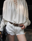 Hydrae Embellished Ruffle-Neck Tie-Front Blouson-Sleeve Top