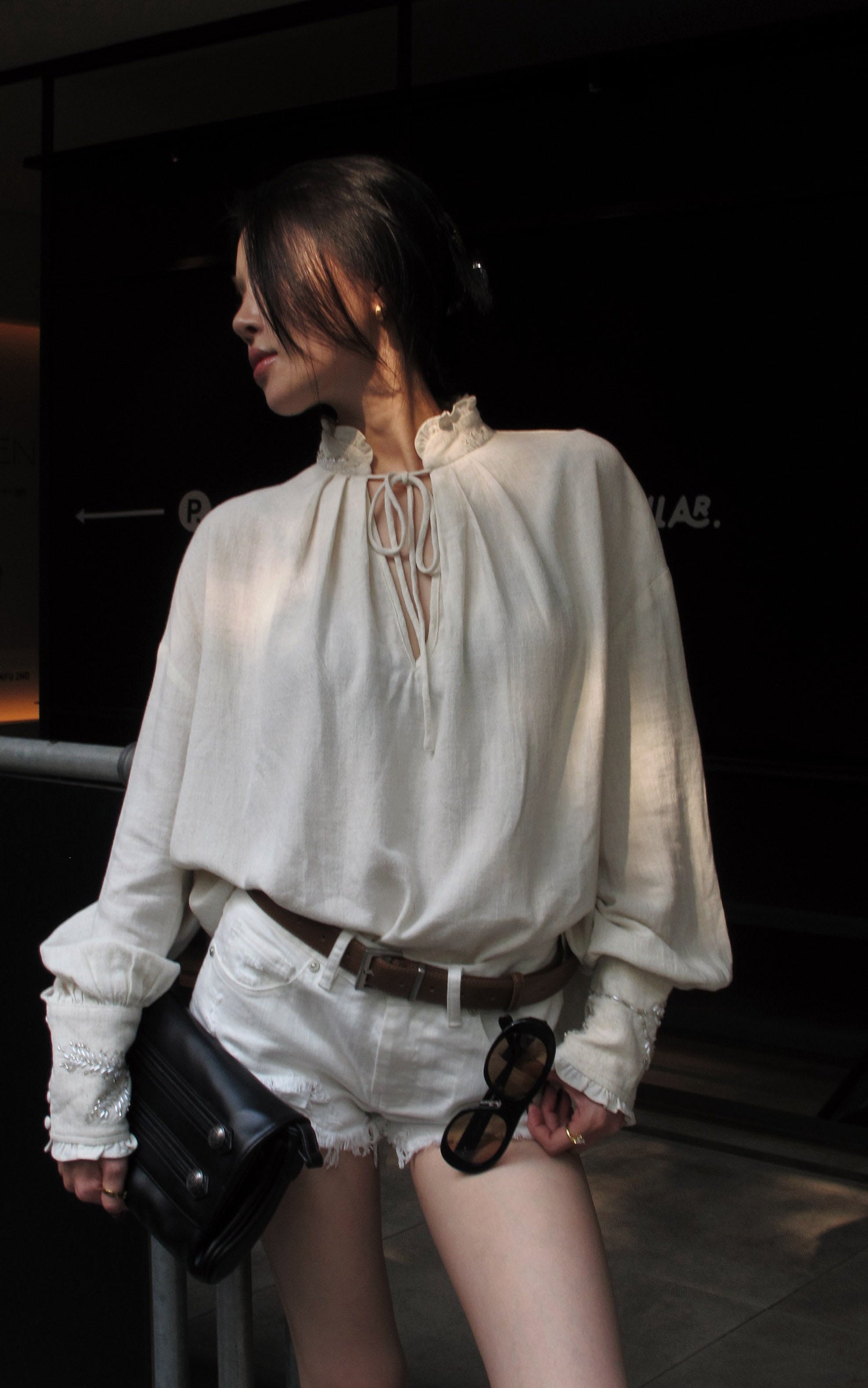 Hydrae Embellished Ruffle-Neck Tie-Front Blouson-Sleeve Top