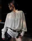 Hydrae Embellished Ruffle-Neck Tie-Front Blouson-Sleeve Top