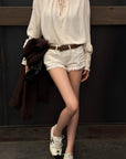 Hydrae Embellished Ruffle-Neck Tie-Front Blouson-Sleeve Top