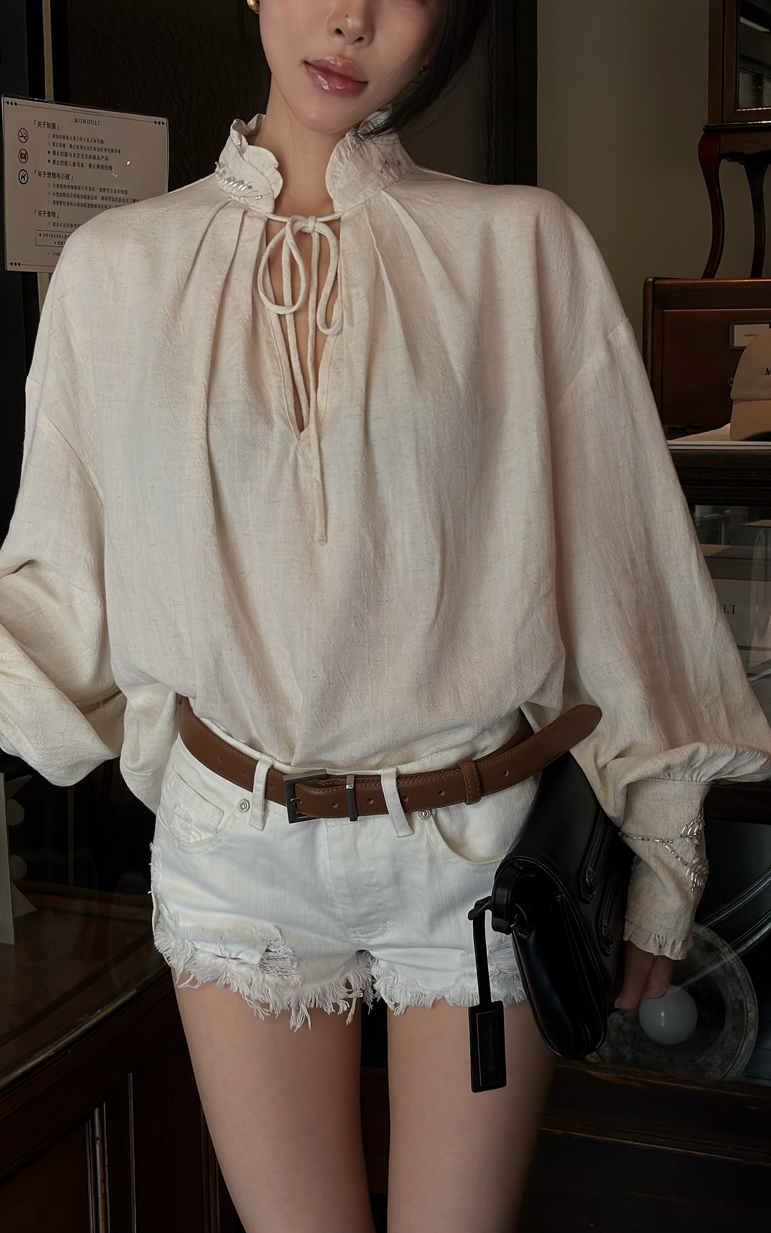 Hydrae Embellished Ruffle-Neck Tie-Front Blouson-Sleeve Top