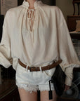 Hydrae Embellished Ruffle-Neck Tie-Front Blouson-Sleeve Top