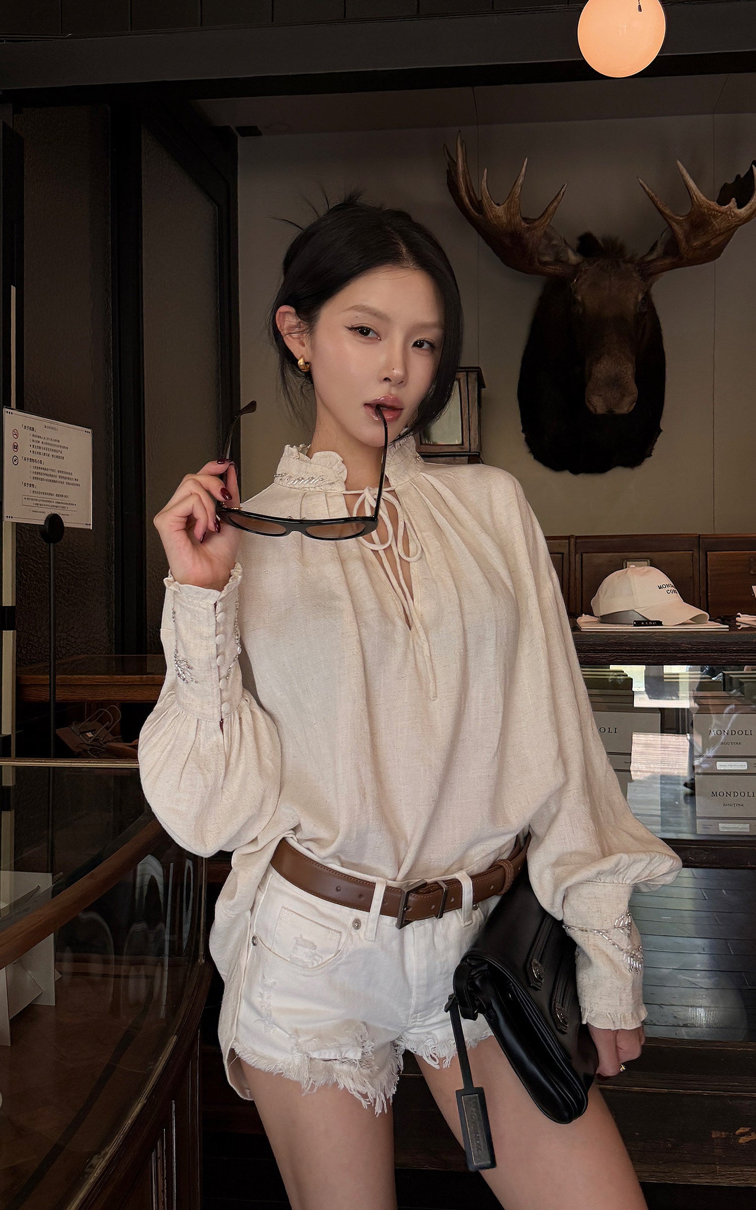 Hydrae Embellished Ruffle-Neck Tie-Front Blouson-Sleeve Top