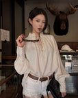 Hydrae Embellished Ruffle-Neck Tie-Front Blouson-Sleeve Top