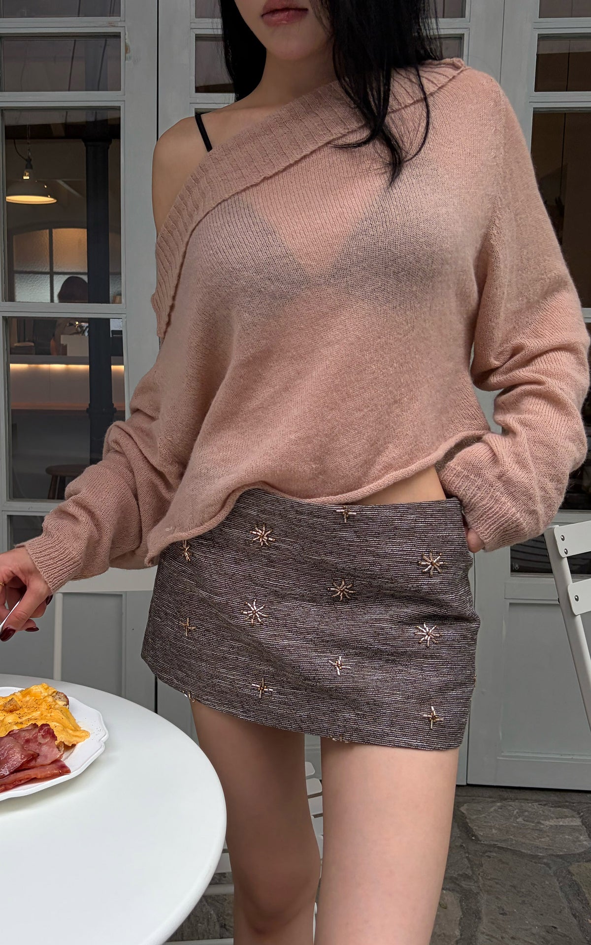 Hydrae Sheer Off-Shoulder Slouchy Knit Sweater