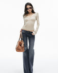 IAMXIAA Lace-Trim Scoop Neck Fitted Long Sleeve Top