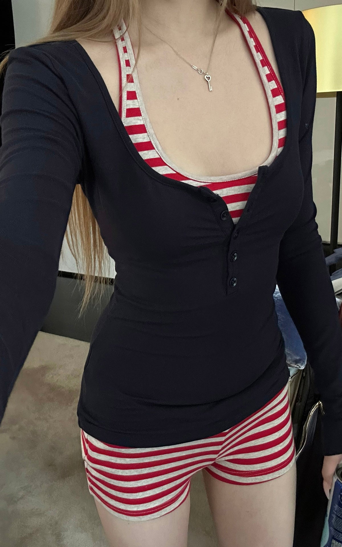 Rase le sol Layered Henley Knit Top, Racerback Tank &amp; Striped Micro Shorts Set