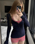 Rase le sol Layered Henley Knit Top, Racerback Tank & Striped Micro Shorts Set